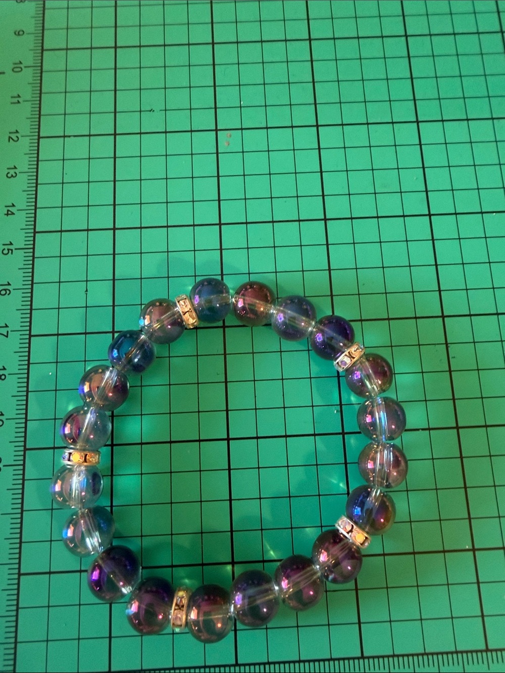 Iridescent Glass Bead Stretch Bracelet with Gold Accents - Women Jewelry